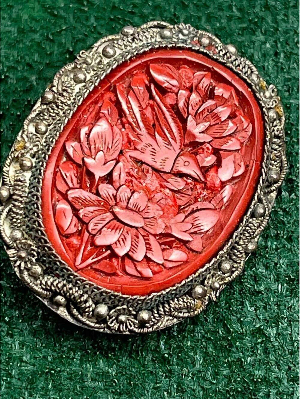 #90 Antique 1920-30’s Chinese Carved Cinnabar Brooch Floral Bird Design
